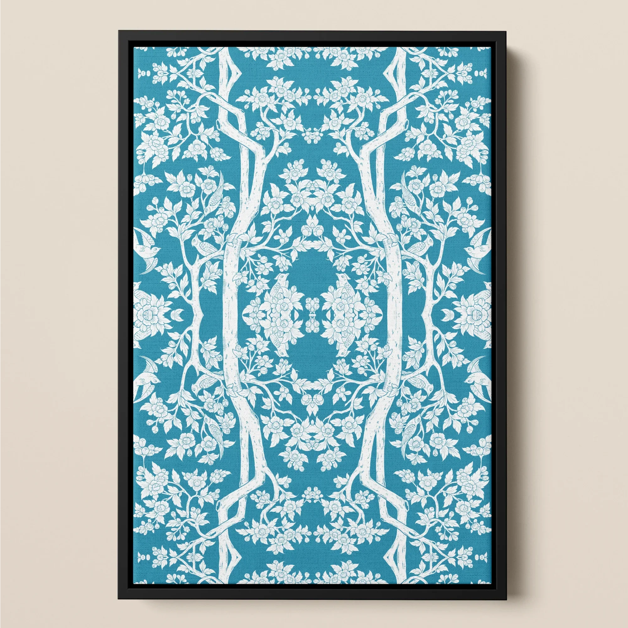 Aviary - Blue Thai Aesthetic Pattern Art Framed Canvas Posters Prints & Visual Artwork