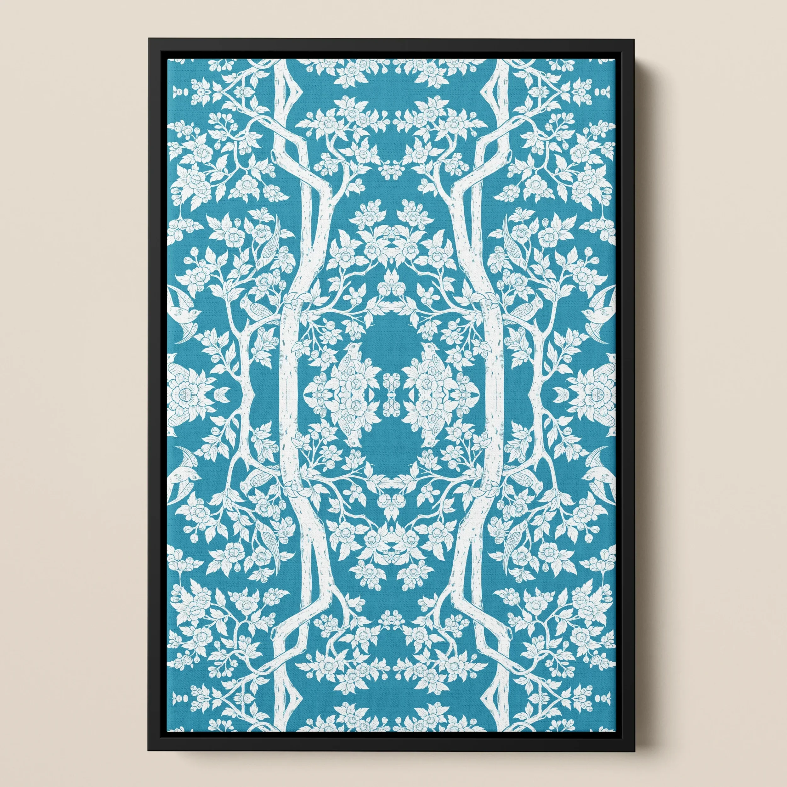 Aviary - Blue Thai Aesthetic Pattern Art Framed Canvas, Framed Artwork Symmetrical Blue White Floral Pattern