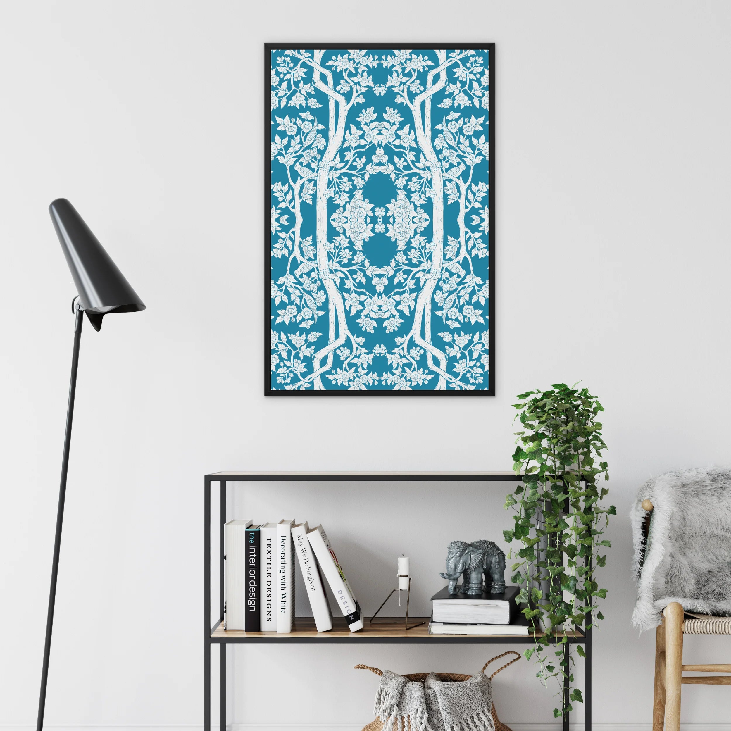 Aviary - Blue Thai Aesthetic Pattern Art Framed Canvas Posters Prints & Visual Artwork