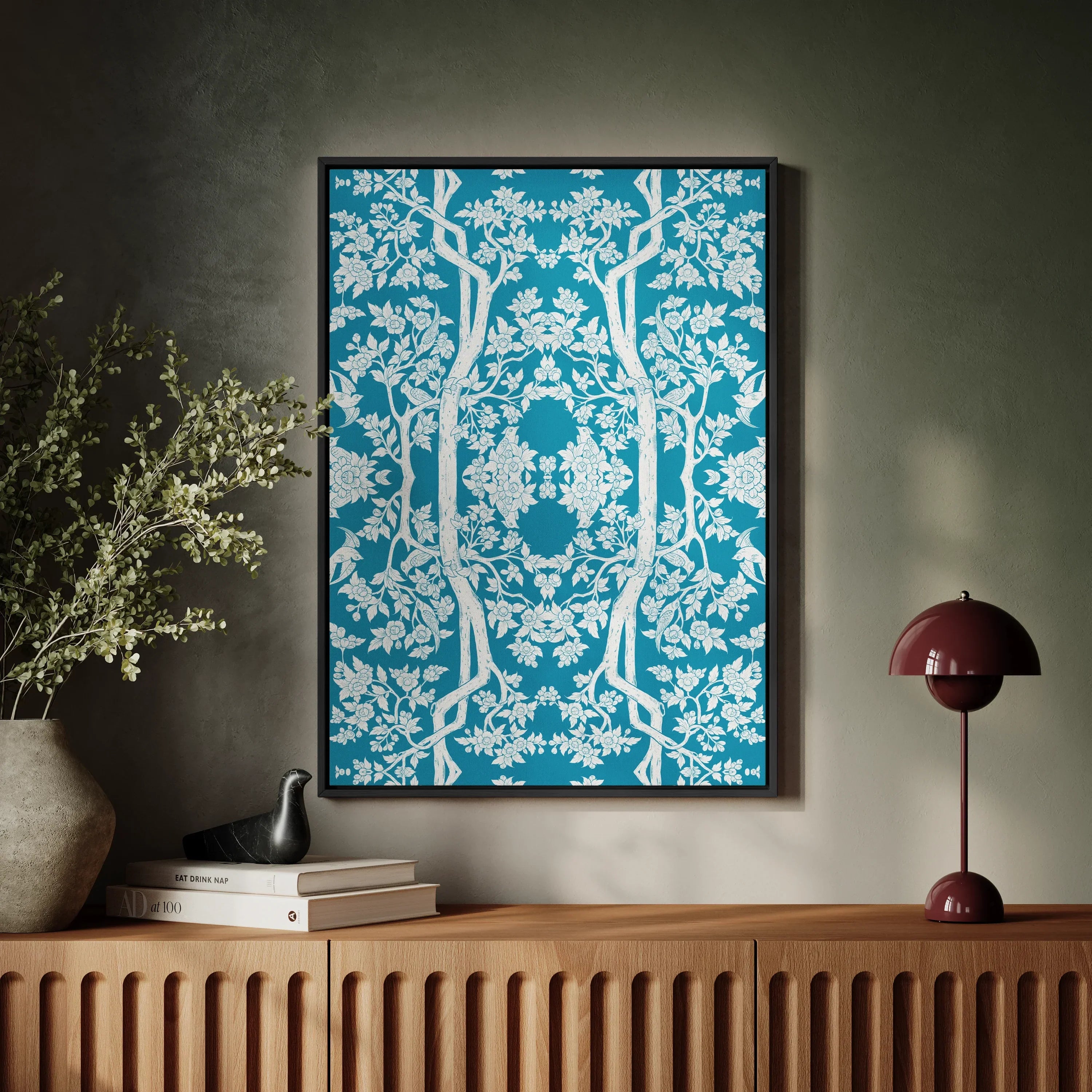 Aviary - Blue Thai Aesthetic Pattern Art Framed Canvas, Framed Turquoise White Damask Pattern Artwork Symmetrical Floral