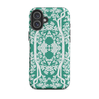 Aviary Green Aesthetic Pattern Art Iphone Case, 16 Plus / Matte, Green Phone Case Floral Tree Design
