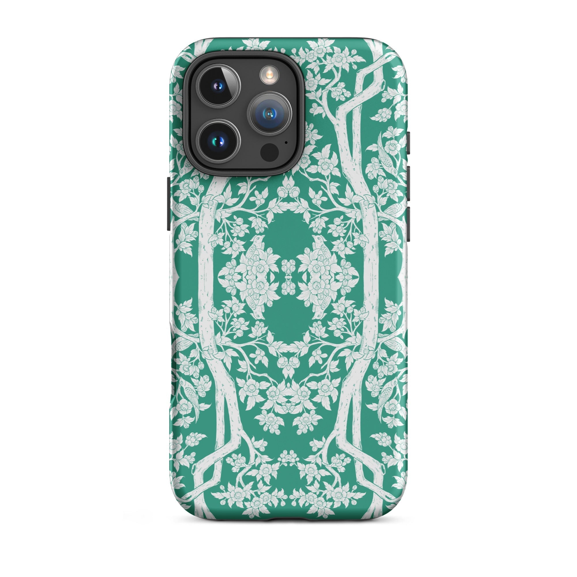 Aviary Green Aesthetic Pattern Art Iphone Case, 16 Pro Max / Matte, Green White Floral Patterned Phone Case