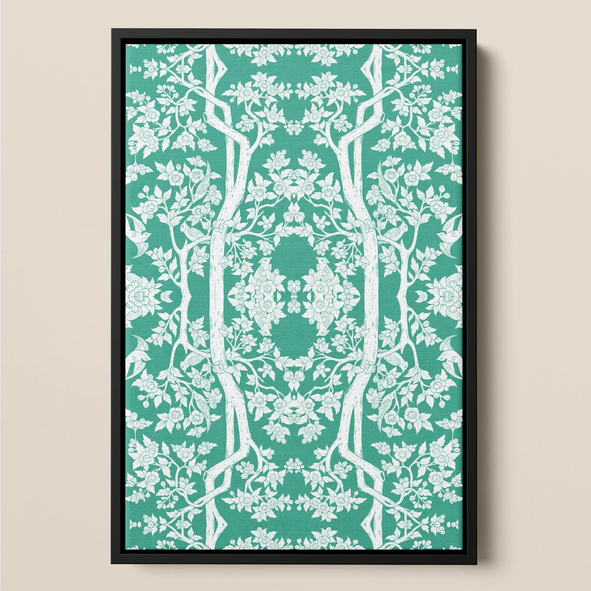 Aviary - Green Royal Thai Aesthetic Pattern Framed Canvas Posters Prints & Visual Artwork