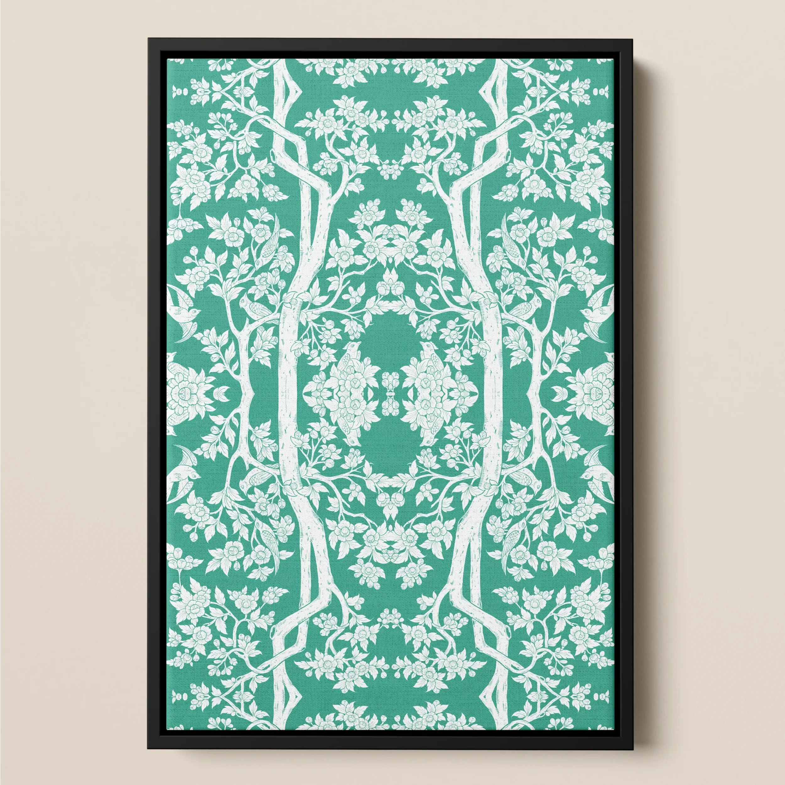 Aviary - Green Royal Thai Aesthetic Pattern Framed Canvas