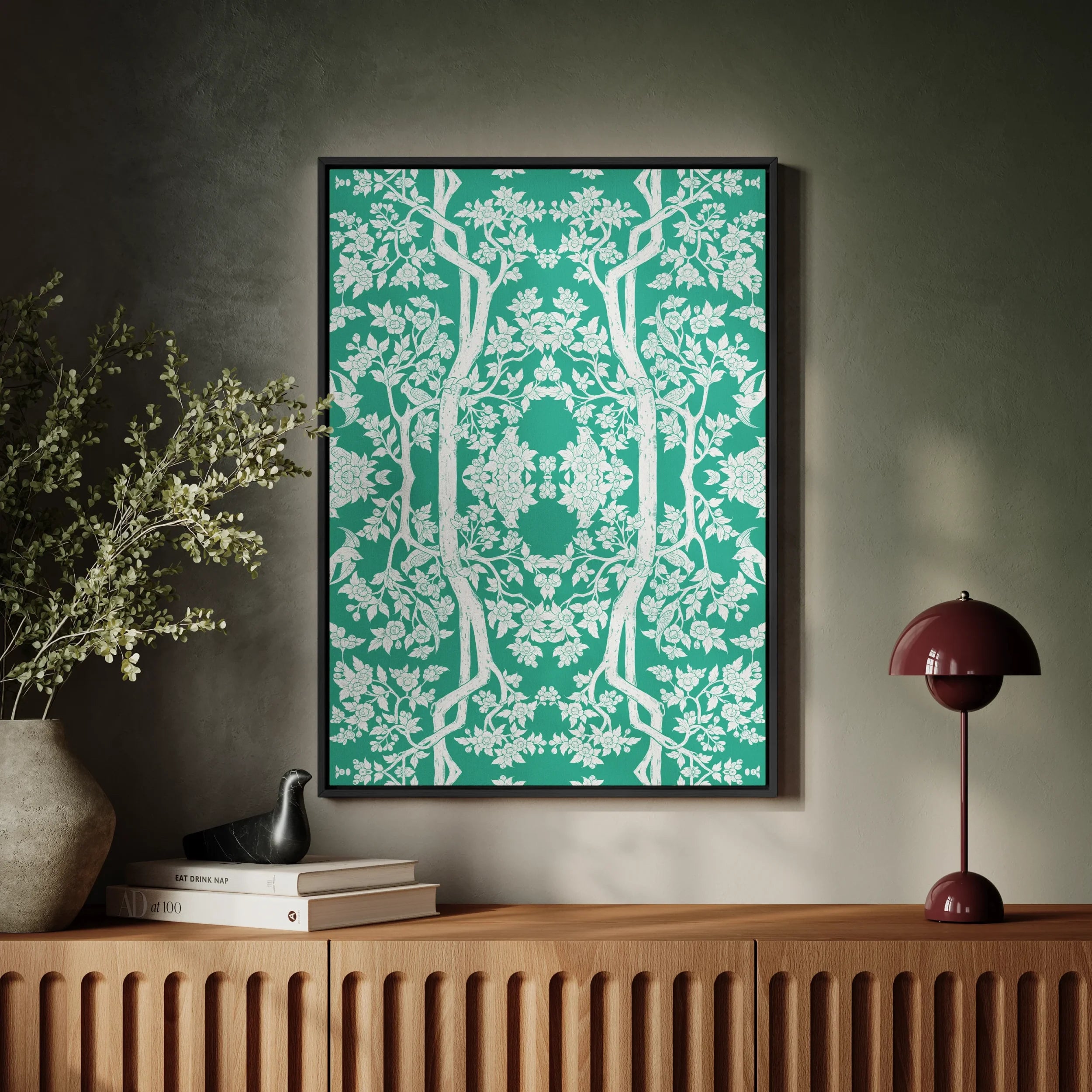 Aviary - Green Royal Thai Aesthetic Pattern Framed Canvas Posters Prints & Visual Artwork