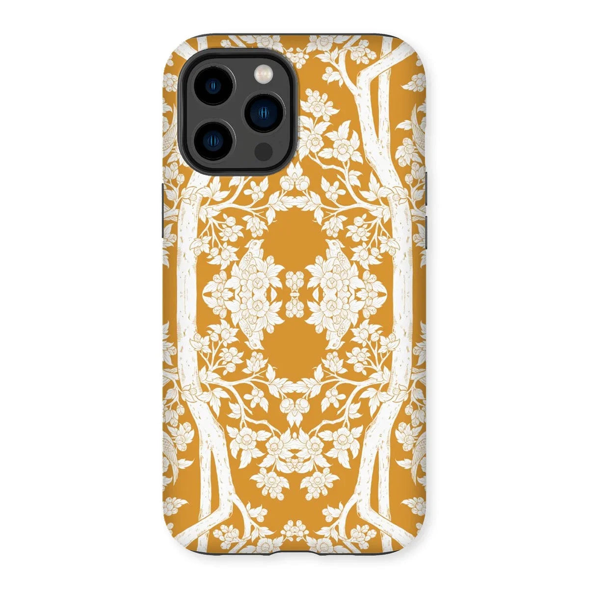 Aviary Orange Aesthetic Pattern Art Iphone Case, 14 Pro Max / Matte, Decorative Iphone Case Yellow Background White Floral Pattern
