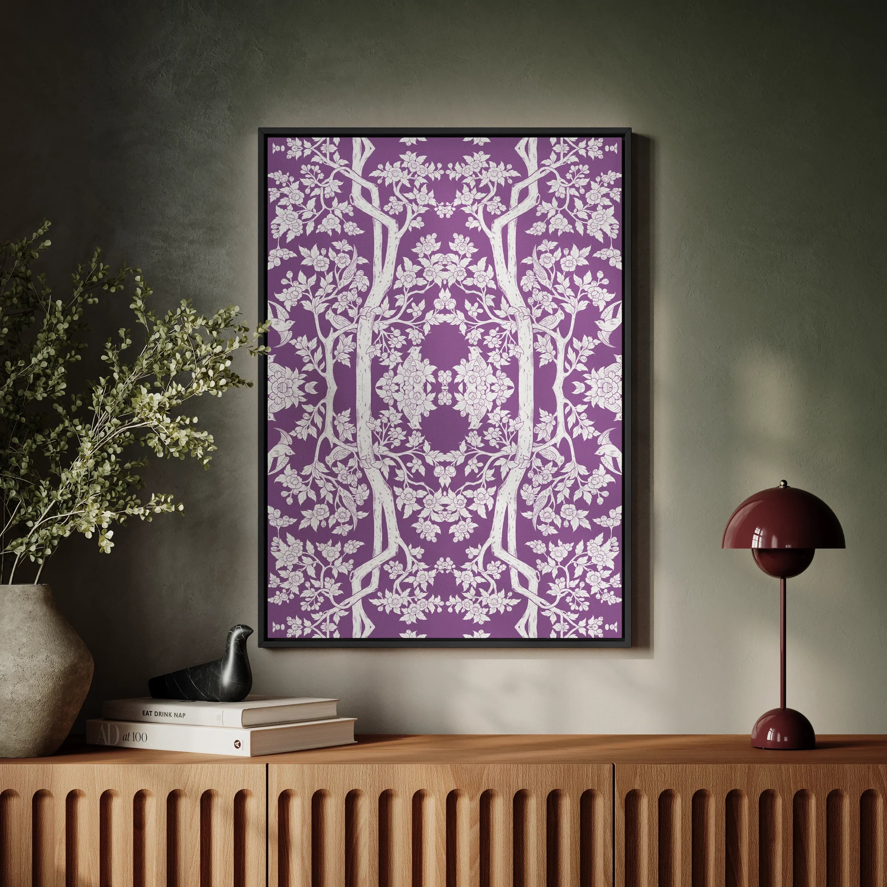 Aviary - Purple Thai Aesthetic Pattern Art Framed Canvas, Framed Purple White Floral Pattern Artwork