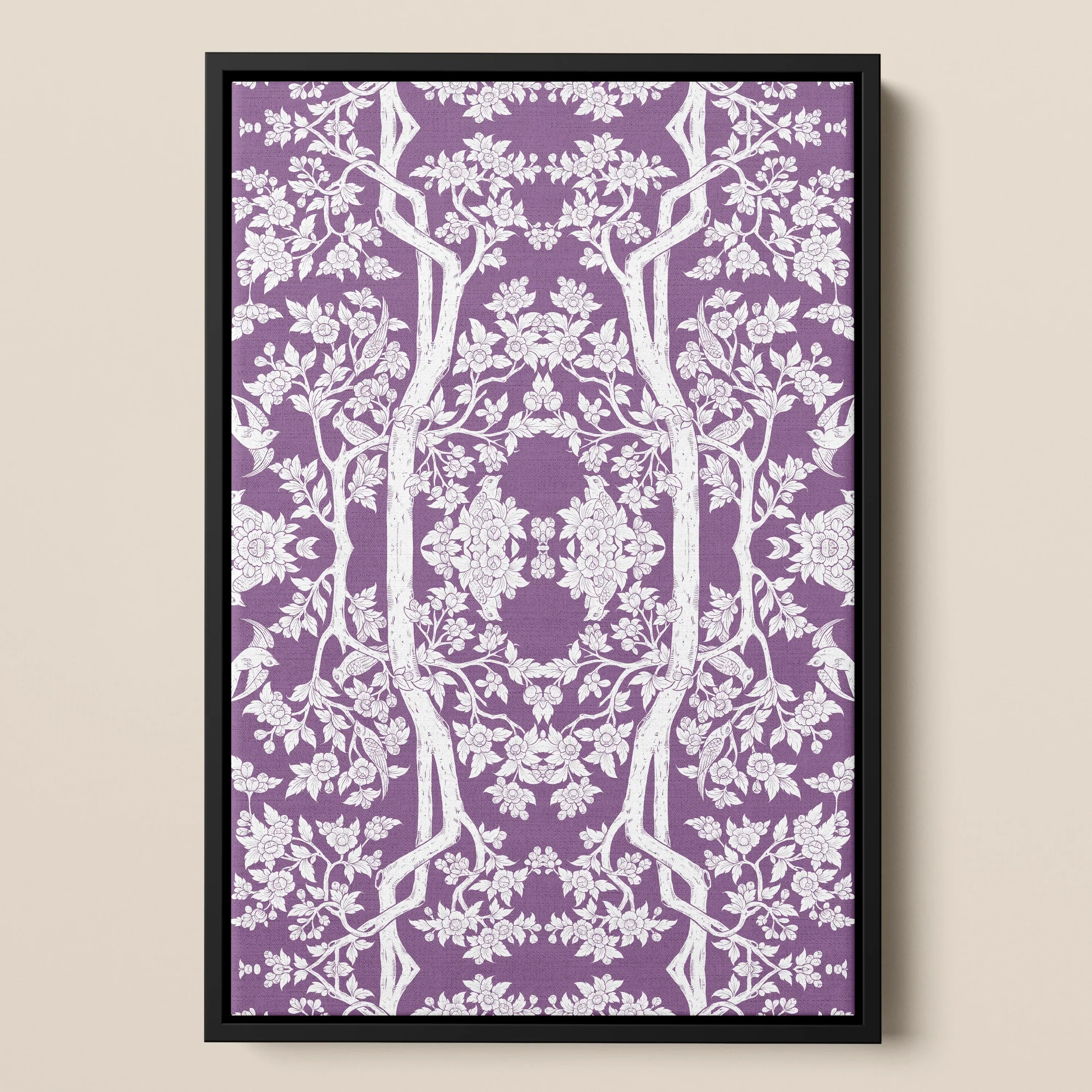 Aviary - Purple Thai Aesthetic Pattern Art Framed Canvas, Framed Purple White Floral Patterned Artwork Symmetrical Tree-like