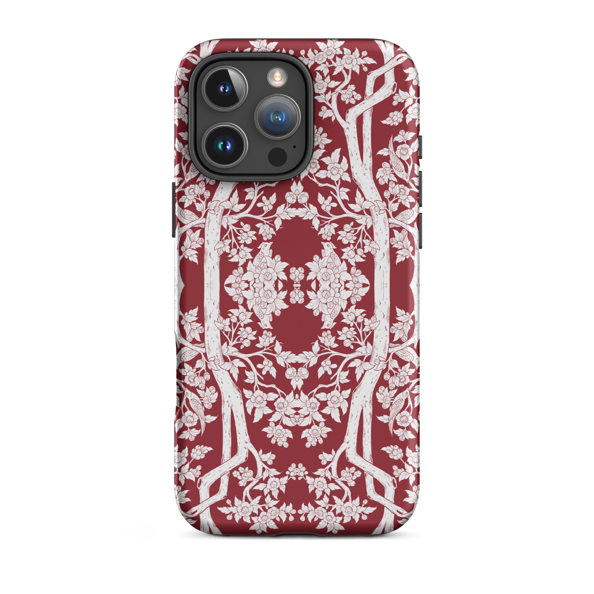 Aviary Red Aesthetic Pattern Art Iphone Case, 16 Pro Max / Matte, Burgundy Phone Case Floral Design