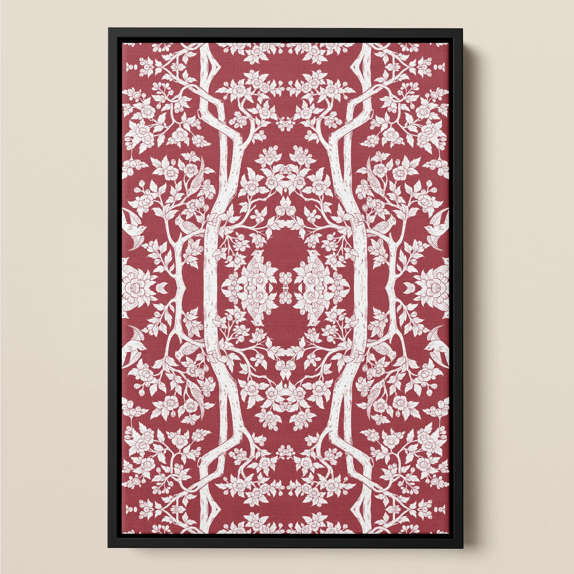 Aviary - Red Thai Aesthetic Pattern Art Framed Canvas Posters Prints & Visual Artwork