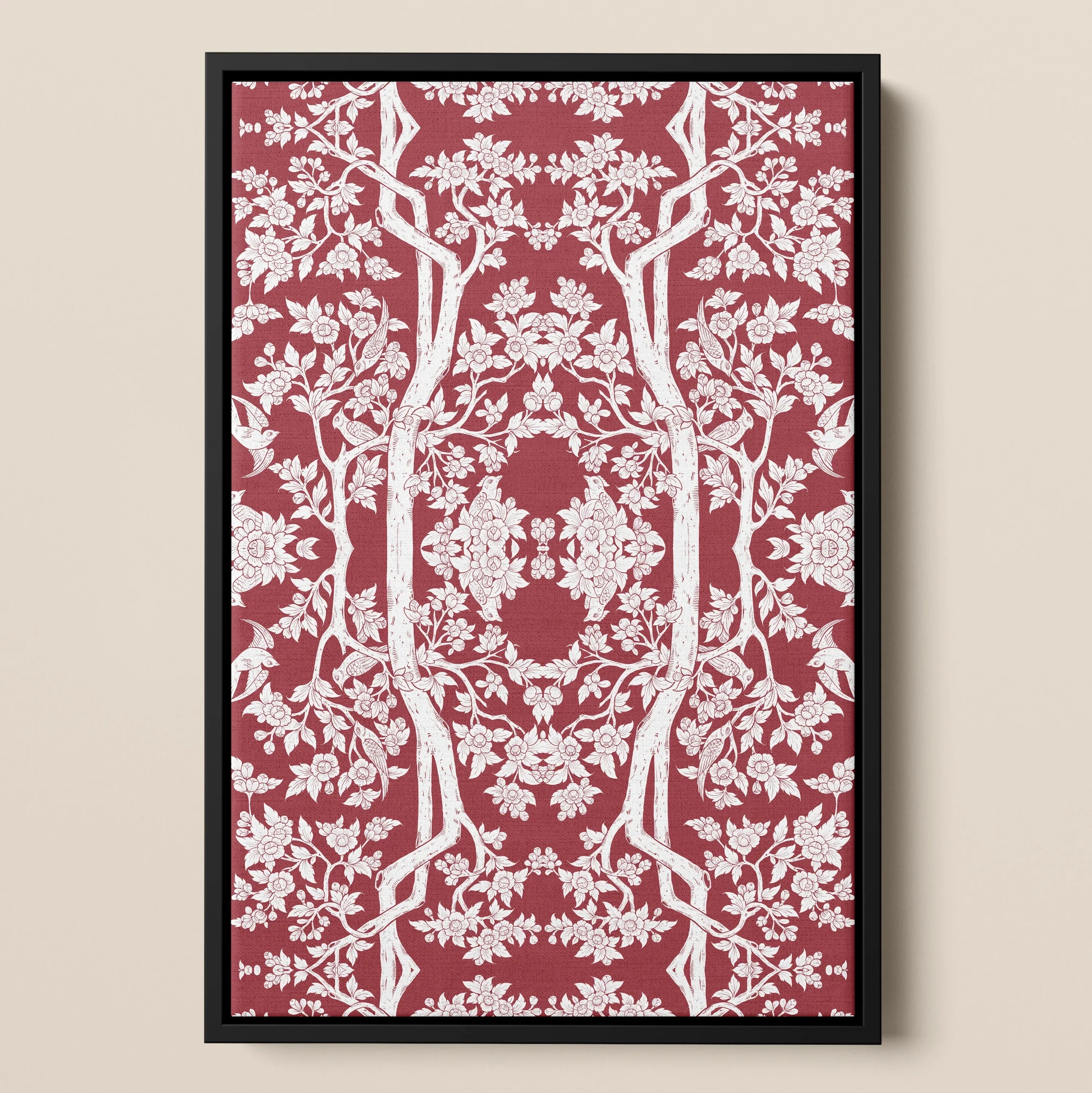 Aviary - Red Thai Aesthetic Pattern Art Framed Canvas, Framed Artwork Intricate Red White Floral Pattern