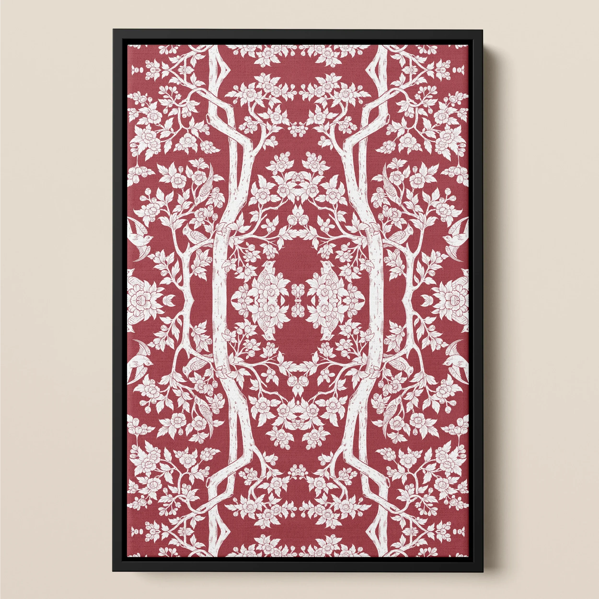 Aviary - Red Thai Aesthetic Pattern Art Framed Canvas, Framed Artwork Intricate Red White Floral Pattern