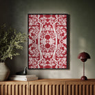 Aviary - Red Thai Aesthetic Pattern Art Framed Canvas, Framed Red White Damask Pattern Artwork Ornate Floral