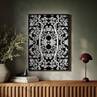 Aviary Thai Aesthetic Pattern Art Framed Canvas, Black White Ornate Damask Pattern Artwork Frame