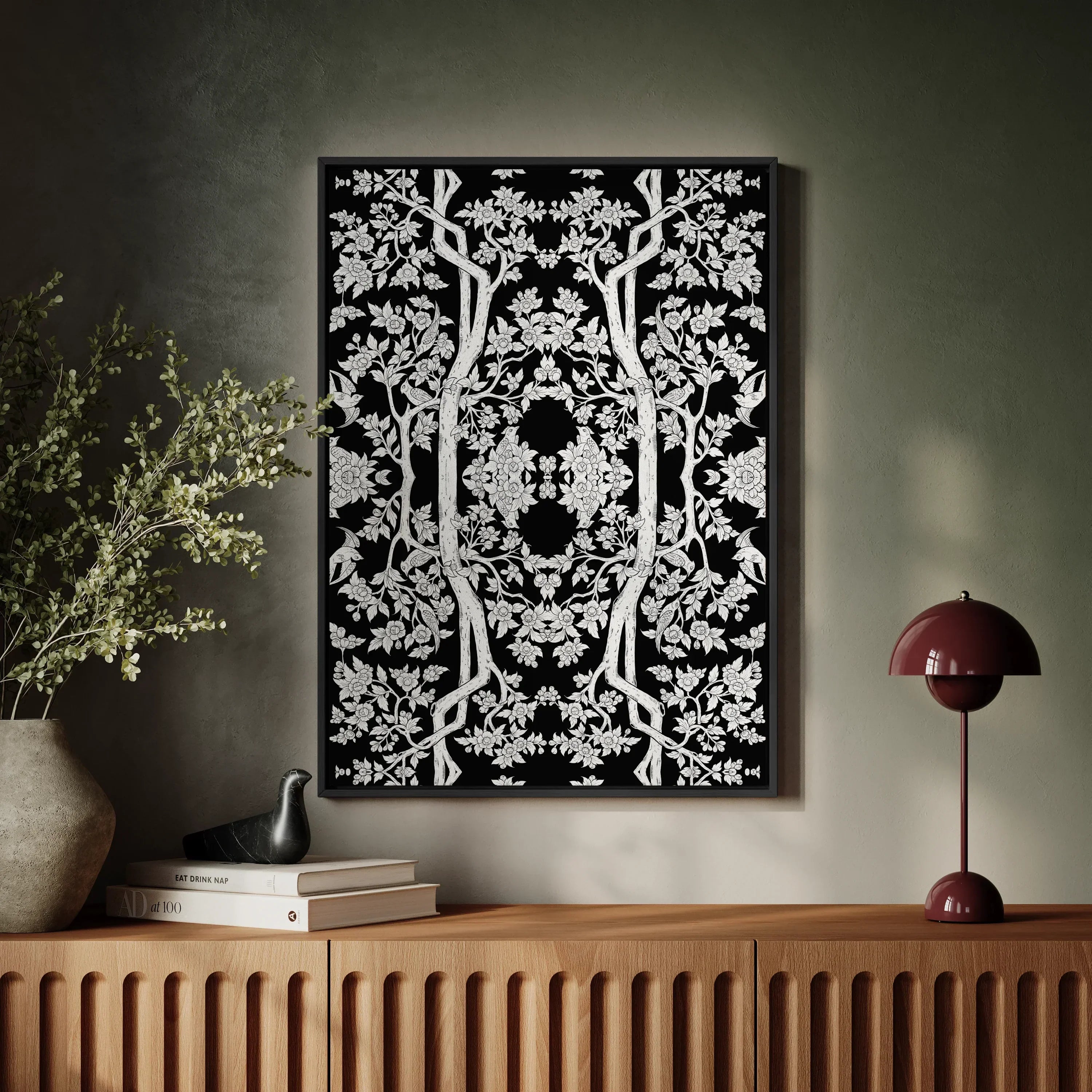 Aviary Thai Aesthetic Pattern Art Framed Canvas, Black White Ornate Damask Pattern Artwork Frame