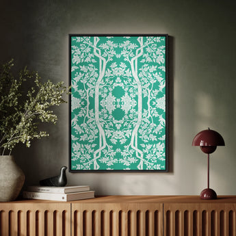 Aviary - Thai Aesthetic Pattern Art Framed Canvas, Framed Green White Botanical Pattern Artwork