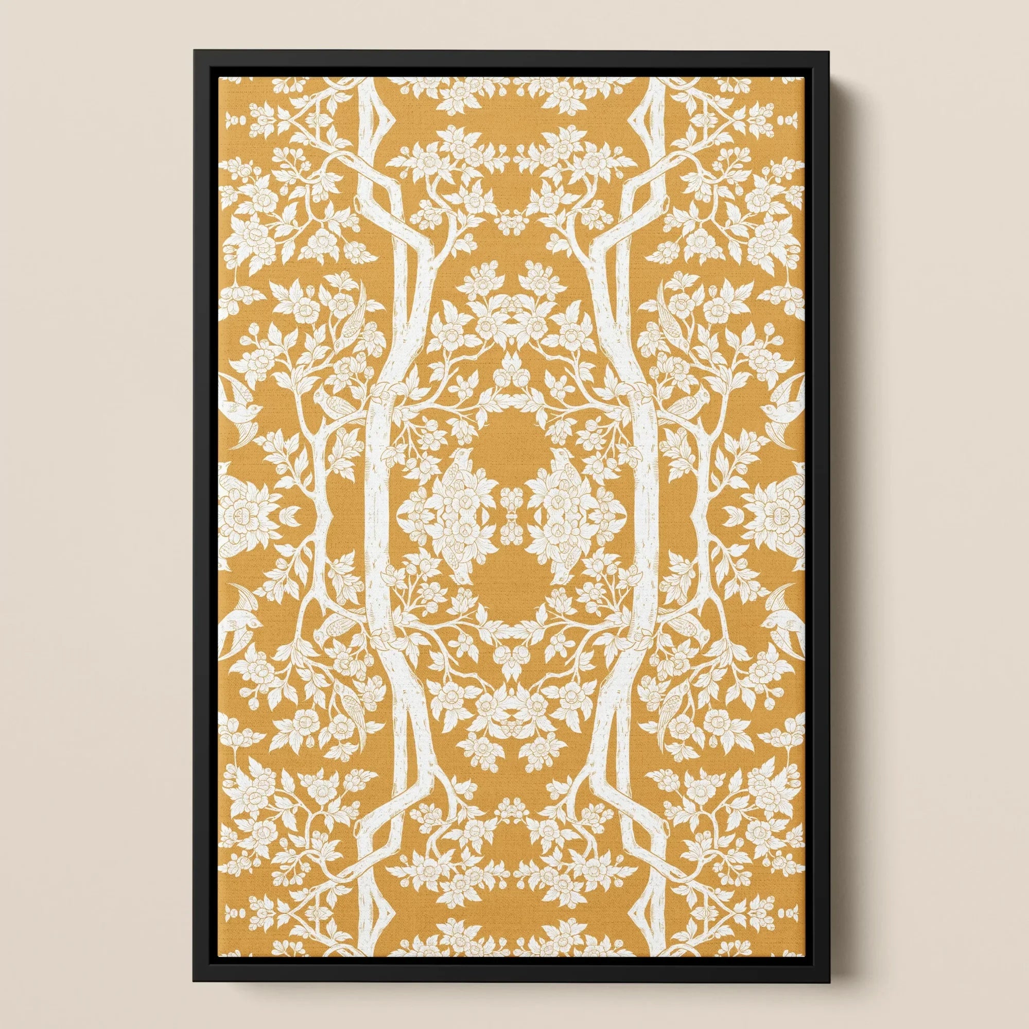 Aviary - Thai Aesthetic Pattern Art Framed Canvas, Framed Canvas Print Mirrored Pattern White Trees Flowers