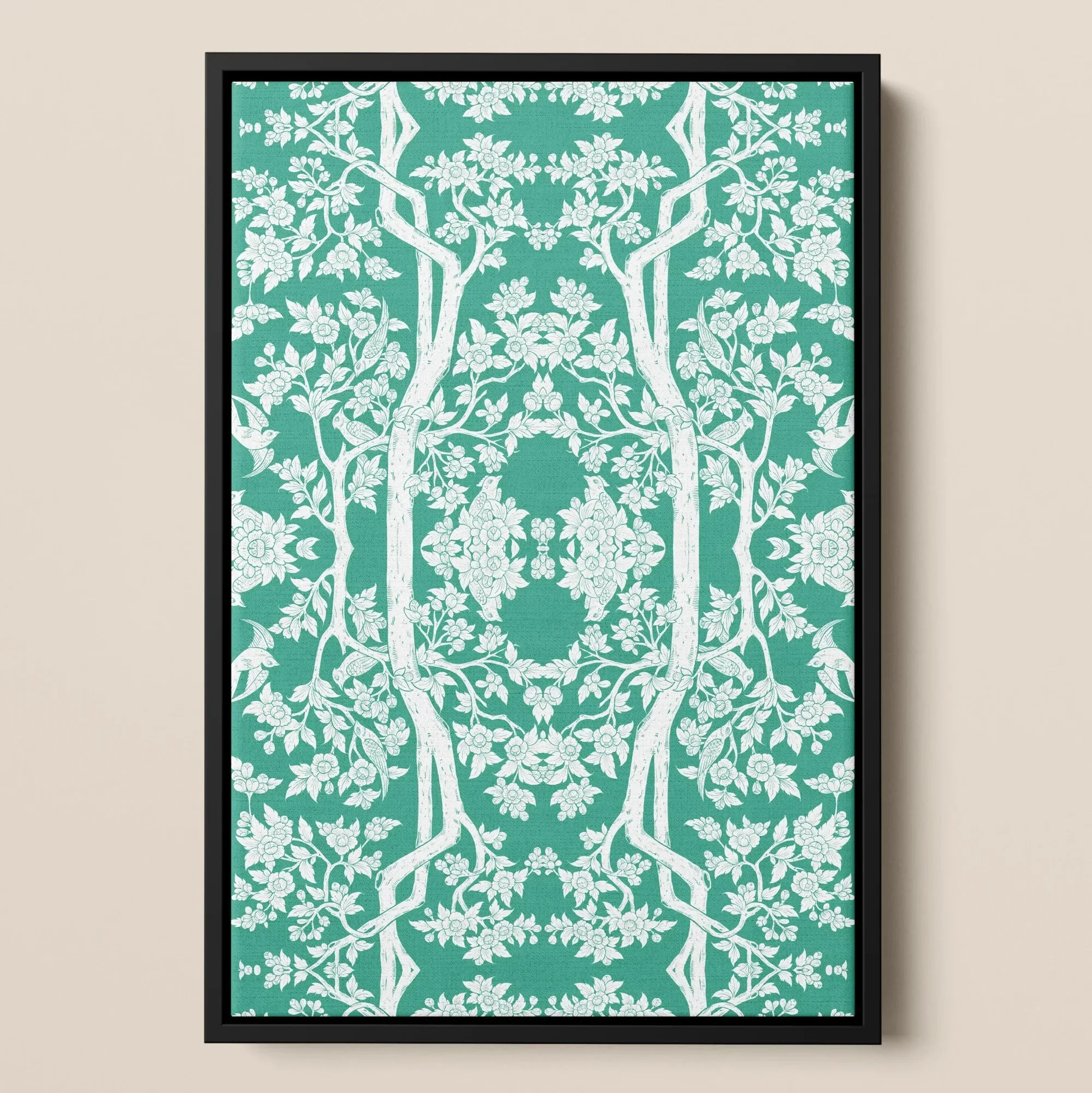 Aviary - Thai Aesthetic Pattern Art Framed Canvas, Framed Canvas Print Symmetrical Teal White Floral Tree