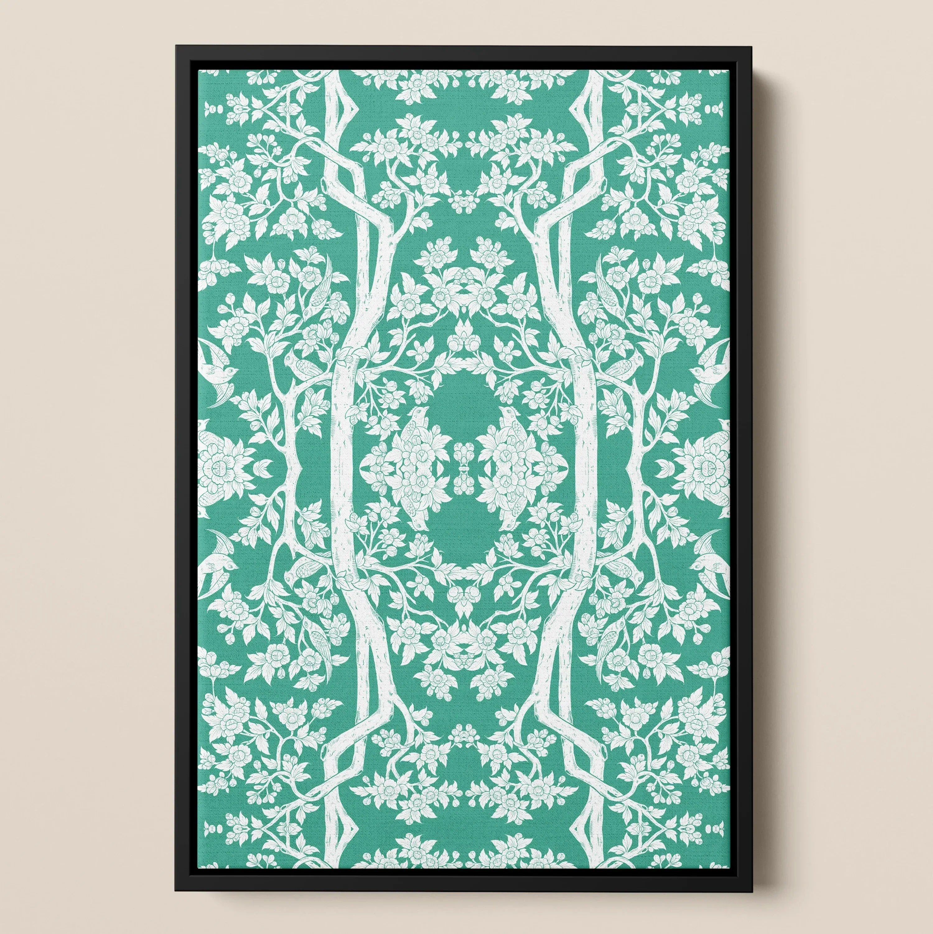 Aviary Thai Aesthetic Pattern Art Framed Canvas, Framed Canvas Print Symmetrical Teal White Floral Tree