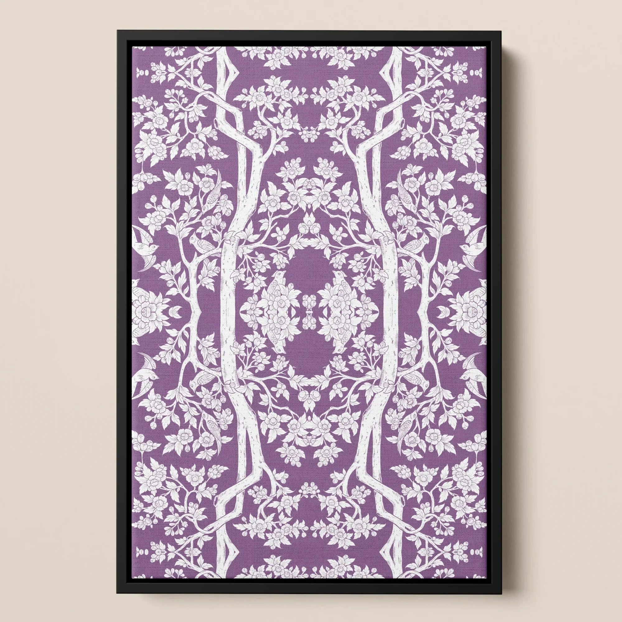 Aviary - Thai Aesthetic Pattern Art Framed Canvas, Framed Purple White Floral Pattern Wall Art