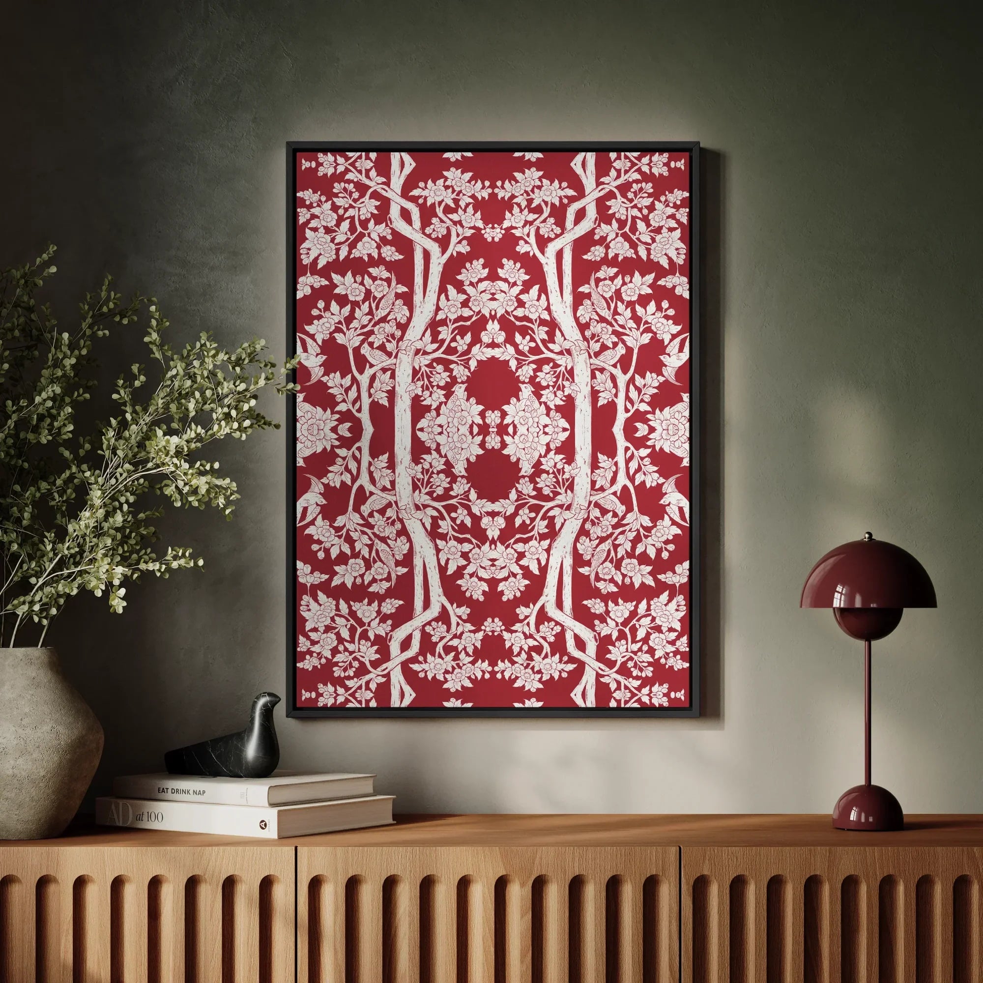 Aviary - Thai Aesthetic Pattern Art Framed Canvas, Framed Red White Botanical Patterned Artwork