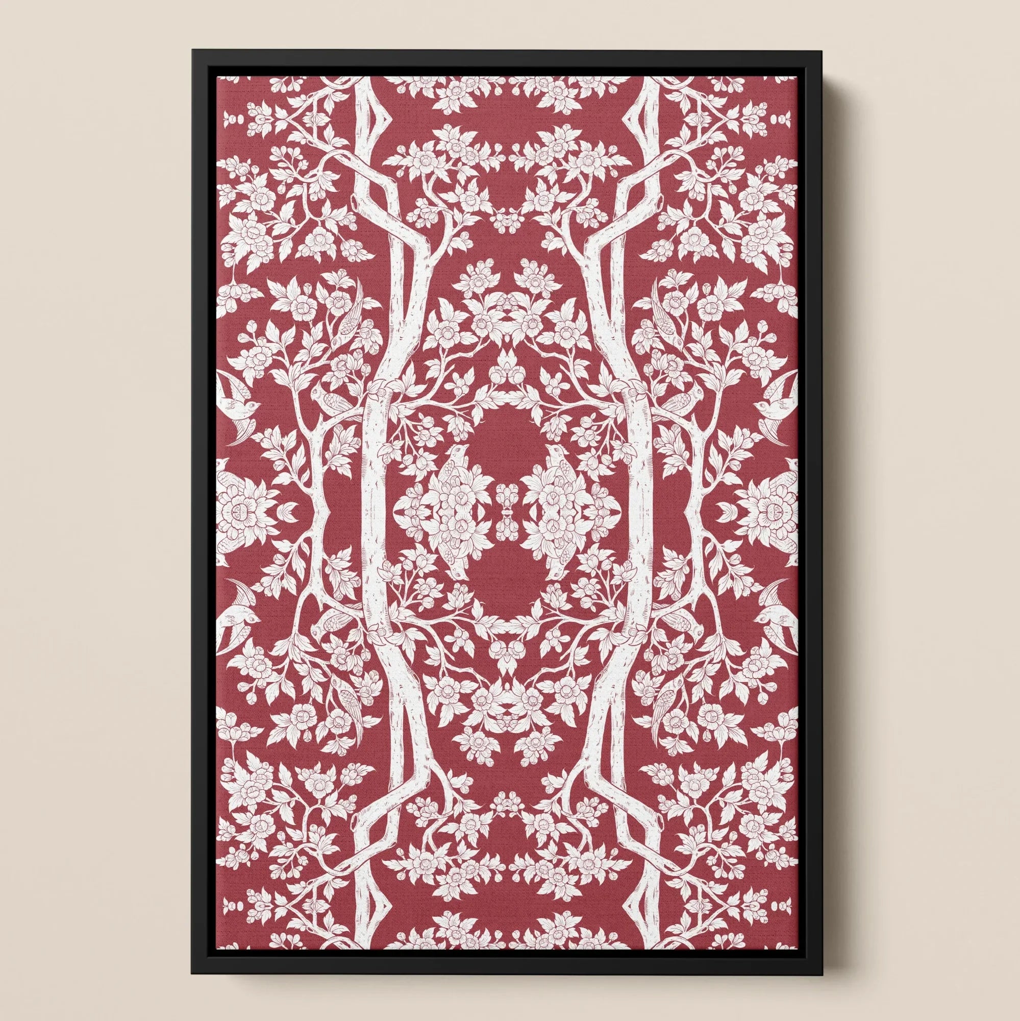 Aviary - Thai Aesthetic Pattern Art Framed Canvas, Framed Red White Floral Patterned Artwork