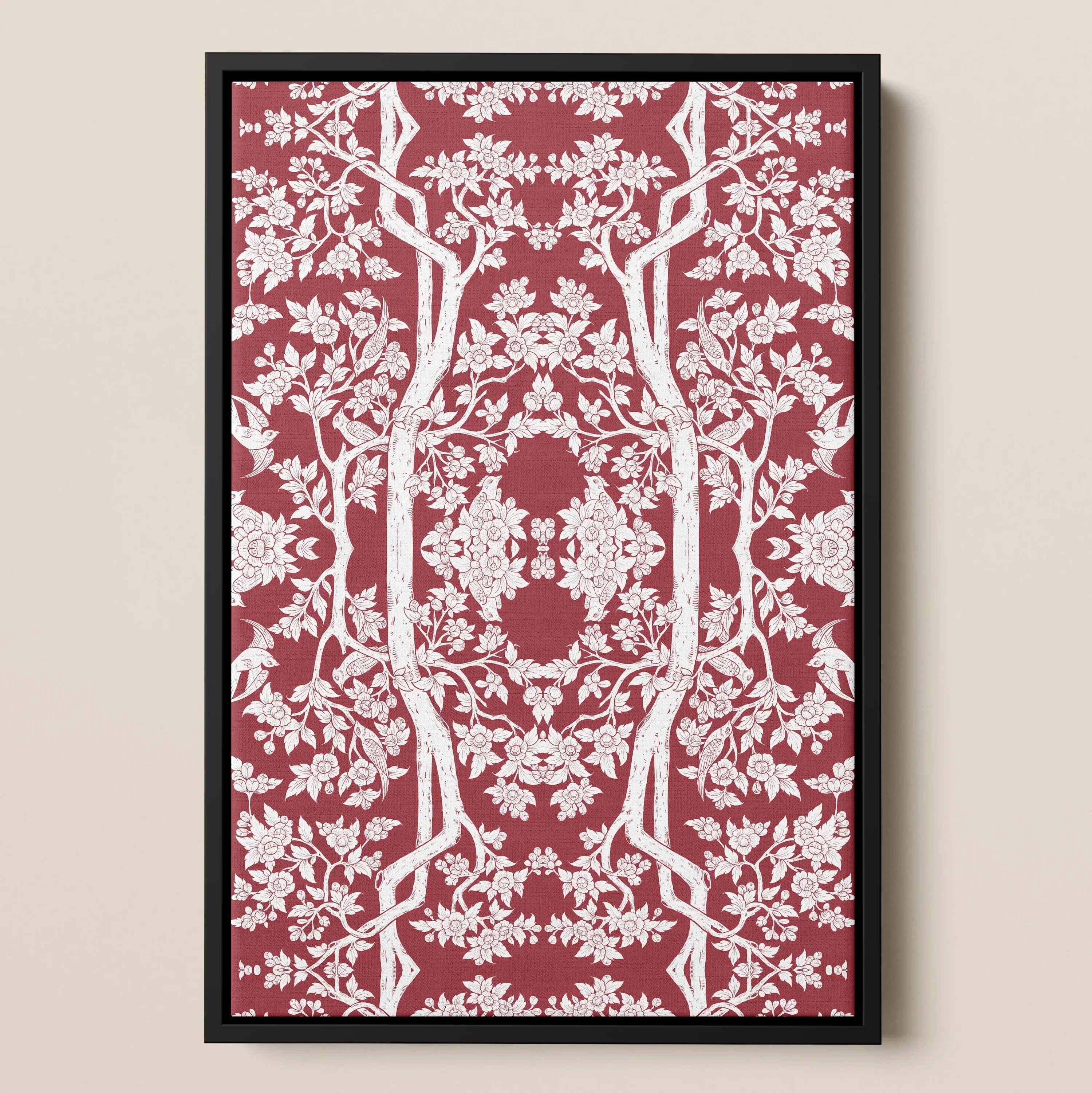 Aviary Thai Aesthetic Pattern Art Framed Canvas, Framed Red White Floral Patterned Artwork
