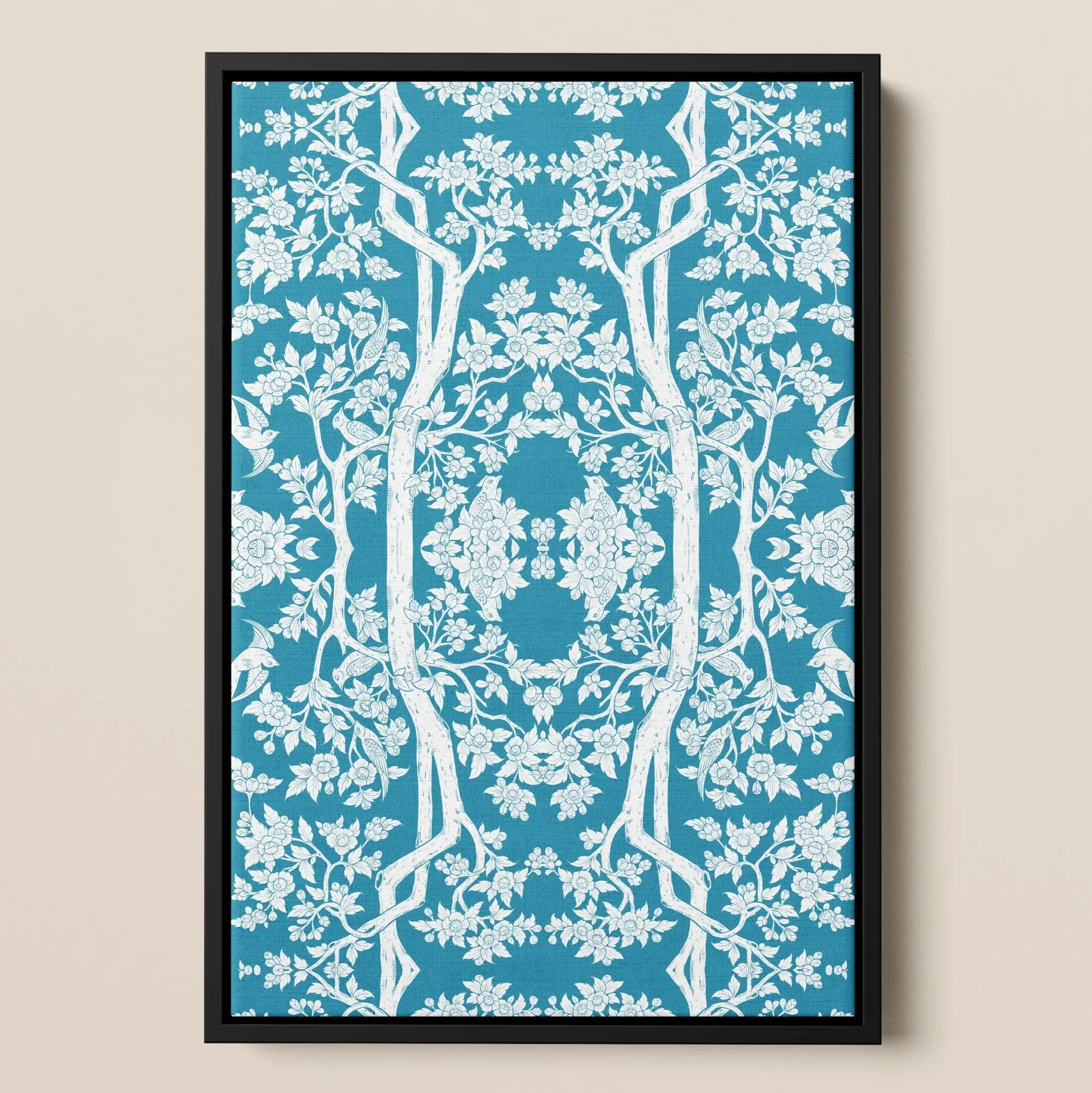 Aviary - Thai Aesthetic Pattern Art Framed Canvas, Framed Teal Botanical Pattern Wall Art