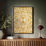 Aviary - Thai Aesthetic Pattern Art Framed Canvas, Framed Yellow White Botanical Pattern Wall Art