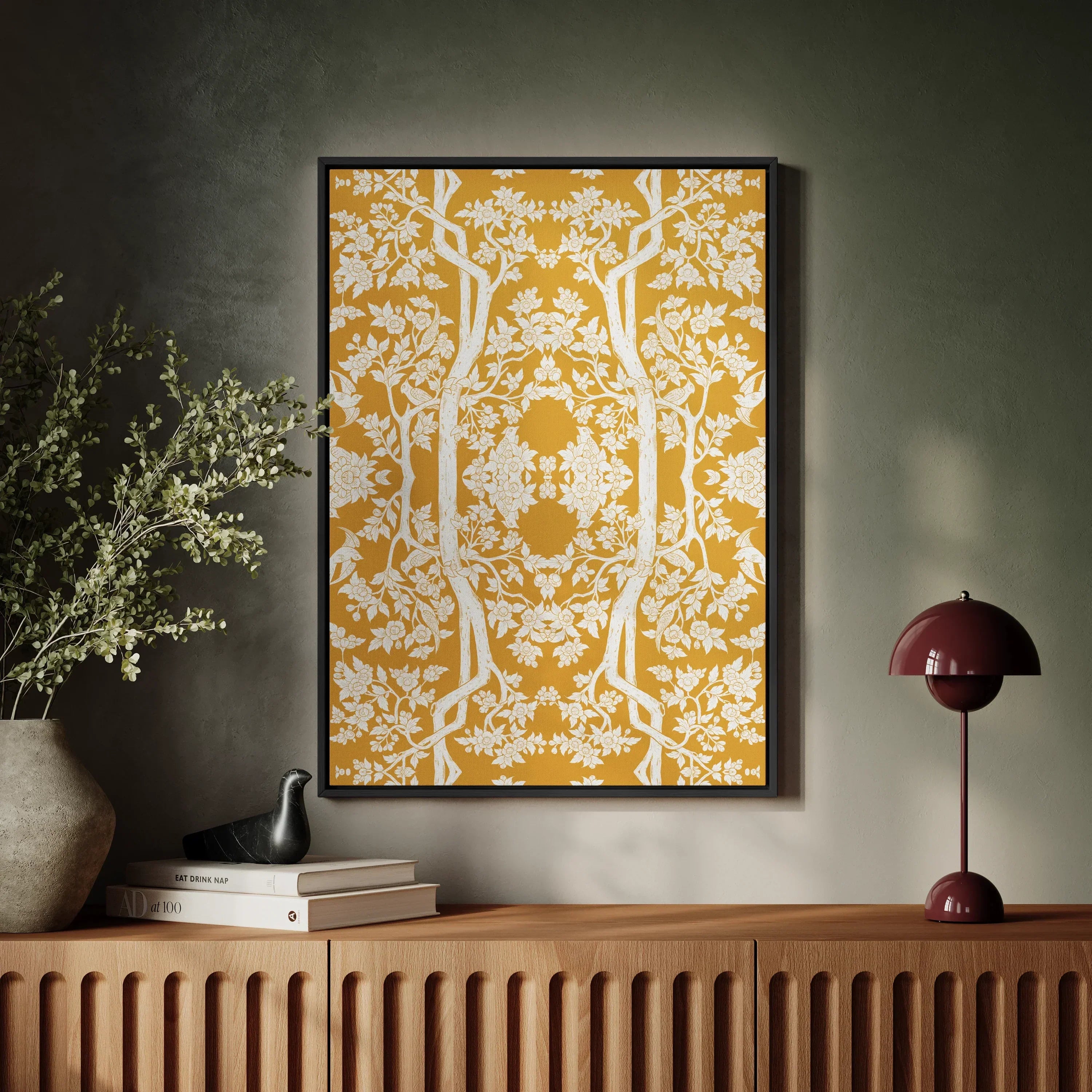 Aviary Thai Aesthetic Pattern Art Framed Canvas, Framed Yellow White Botanical Pattern Wall Art