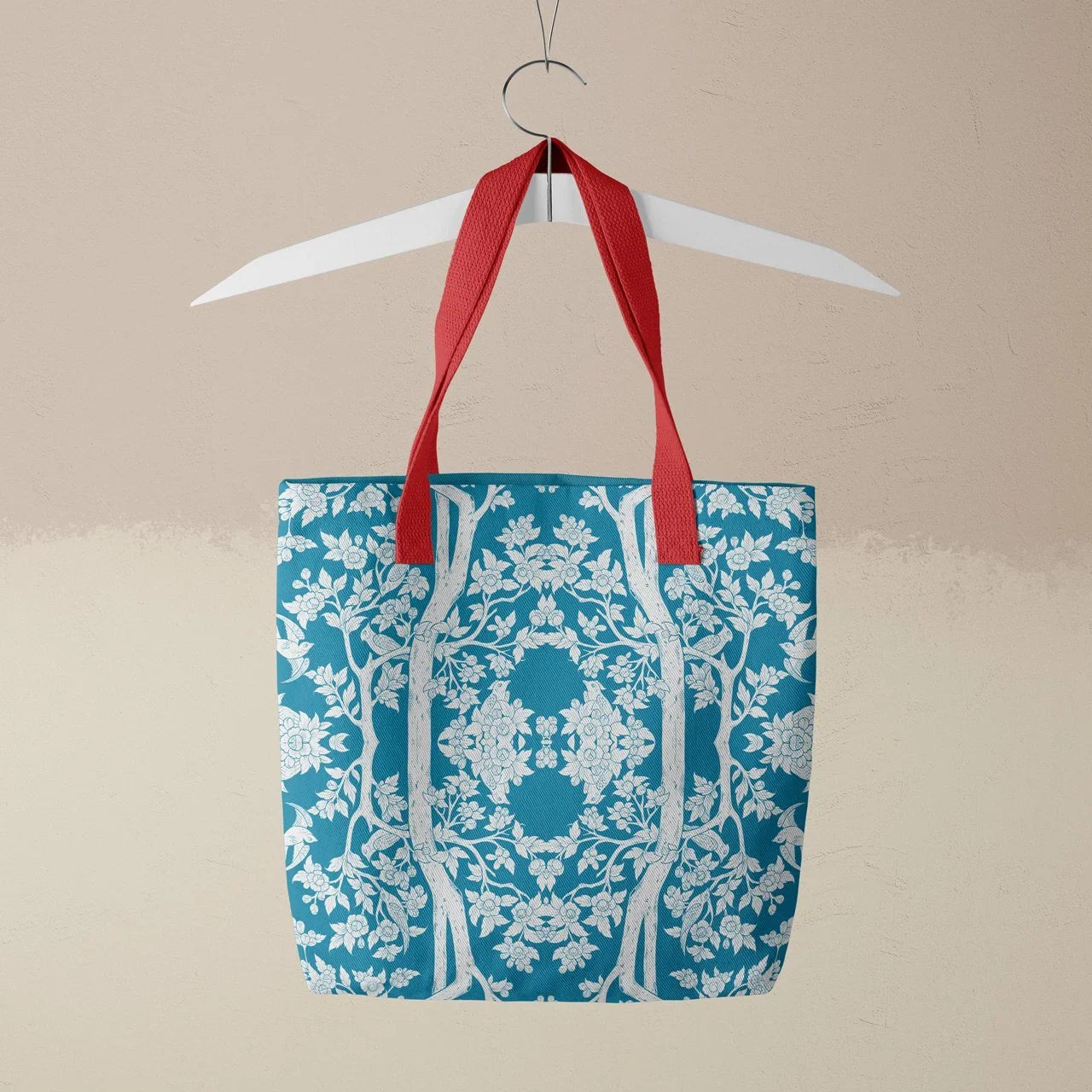 Aviary Tote - Bluebird Blue Bird Pattern Shopping Red Handles Bags