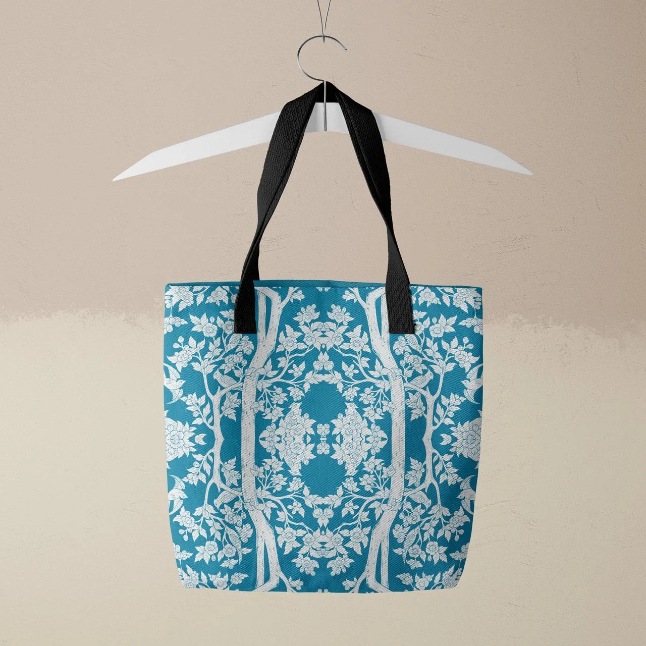 Aviary Tote - Bluebird Blue Bird Pattern Shopping Black Handles Bags