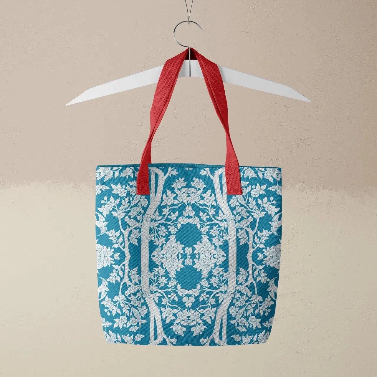 Aviary Tote - Bluebird - Heavy Duty Reusable Grocery Bag - Red Handles - Shopping Totes - Aesthetic Art