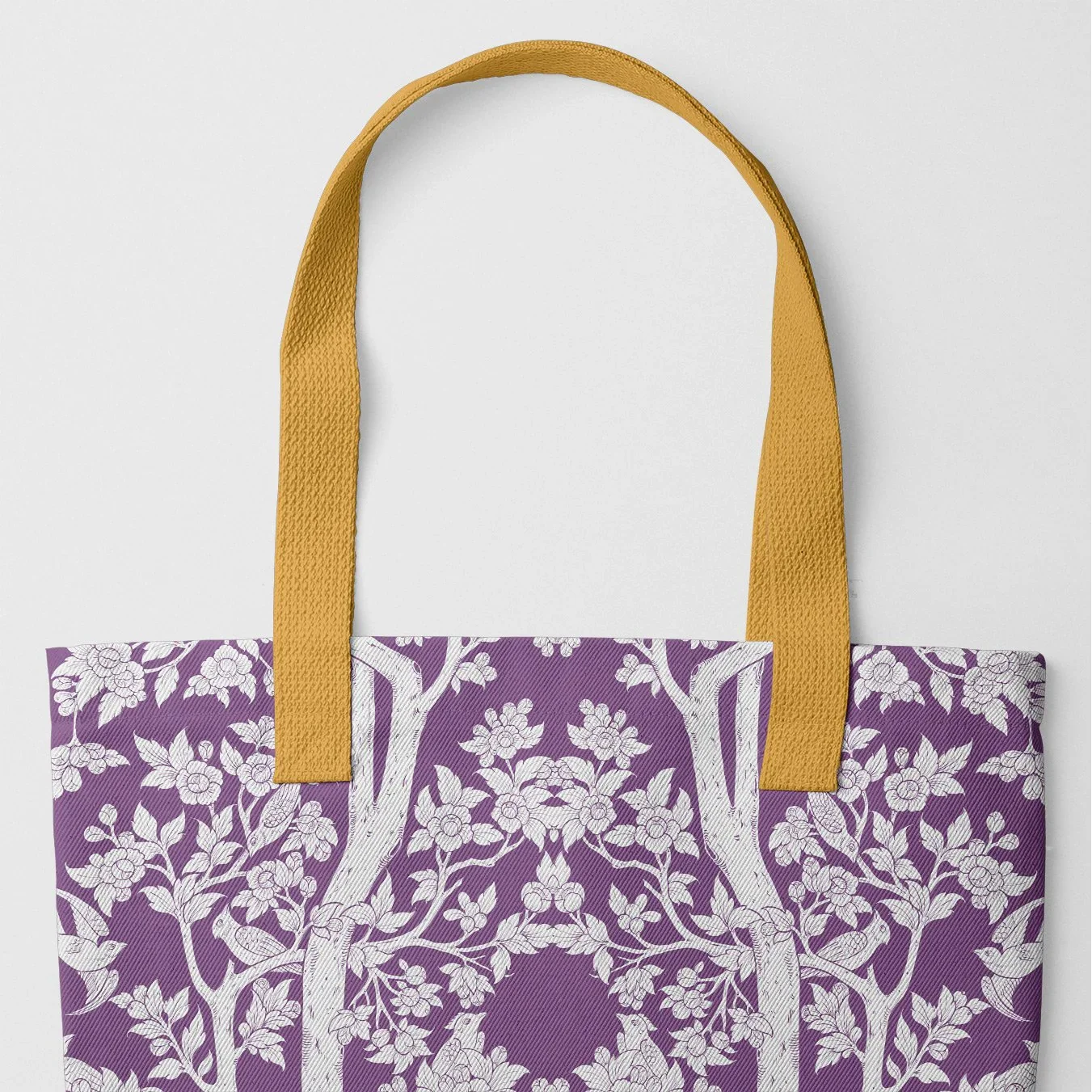 Aviary Tote - Purple Finch Bird Pattern Shopping Yellow Handles Bags