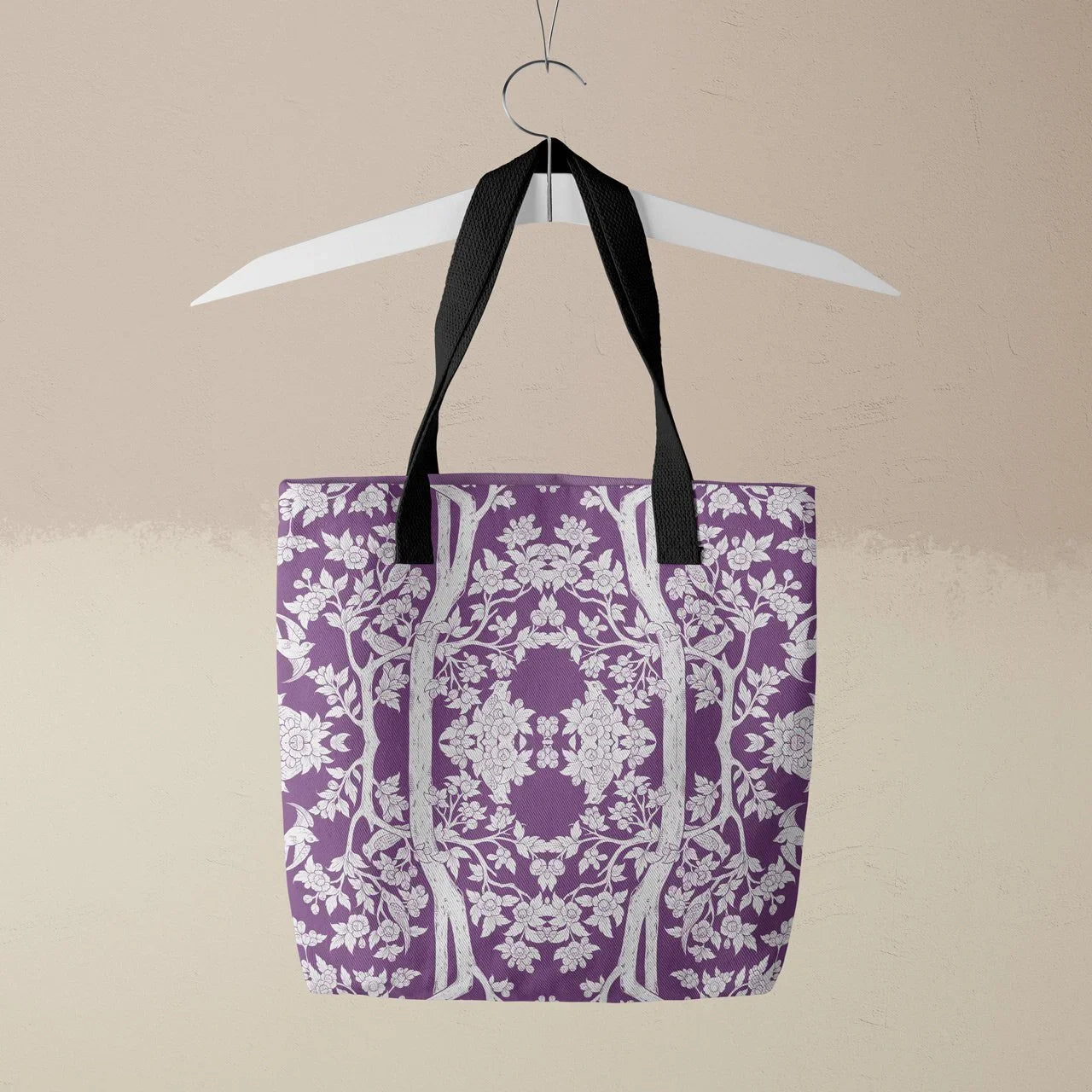 Aviary Tote - Purple Finch Bird Pattern Shopping Black Handles Bags