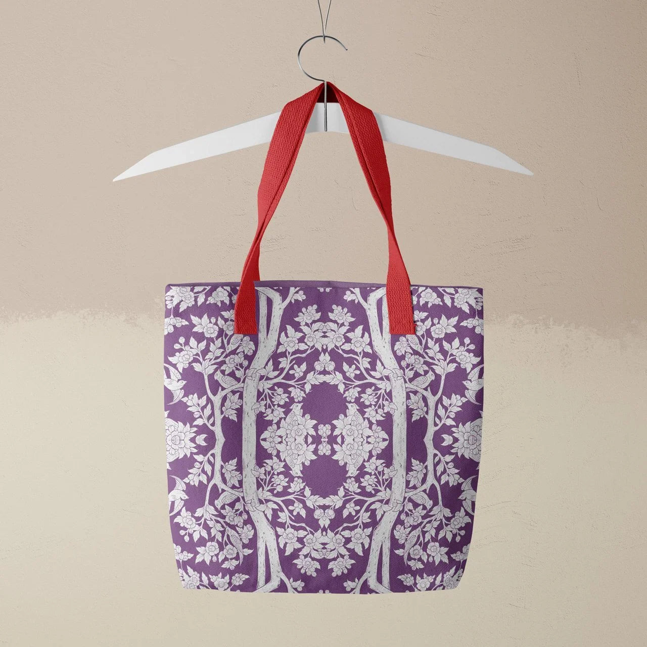 Aviary Tote - Purple Finch Bird Pattern Shopping Red Handles Bags