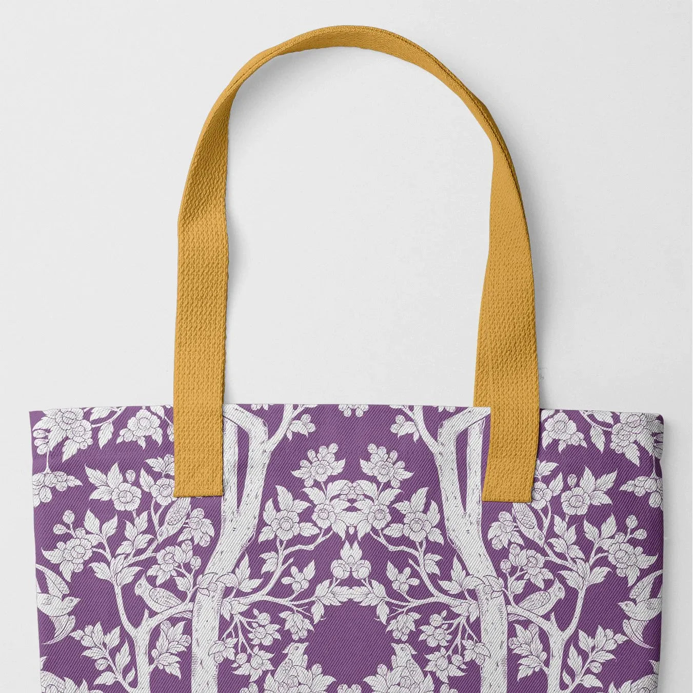 Aviary Tote - Purple Finch - Heavy Duty Reusable Grocery Bag - Yellow Handles - Shopping Totes - Aesthetic Art