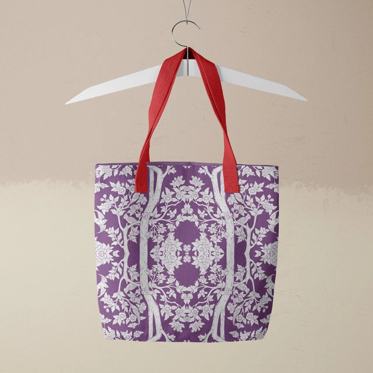 Aviary Tote - Purple Finch - Heavy Duty Reusable Grocery Bag - Red Handles - Shopping Totes - Aesthetic Art
