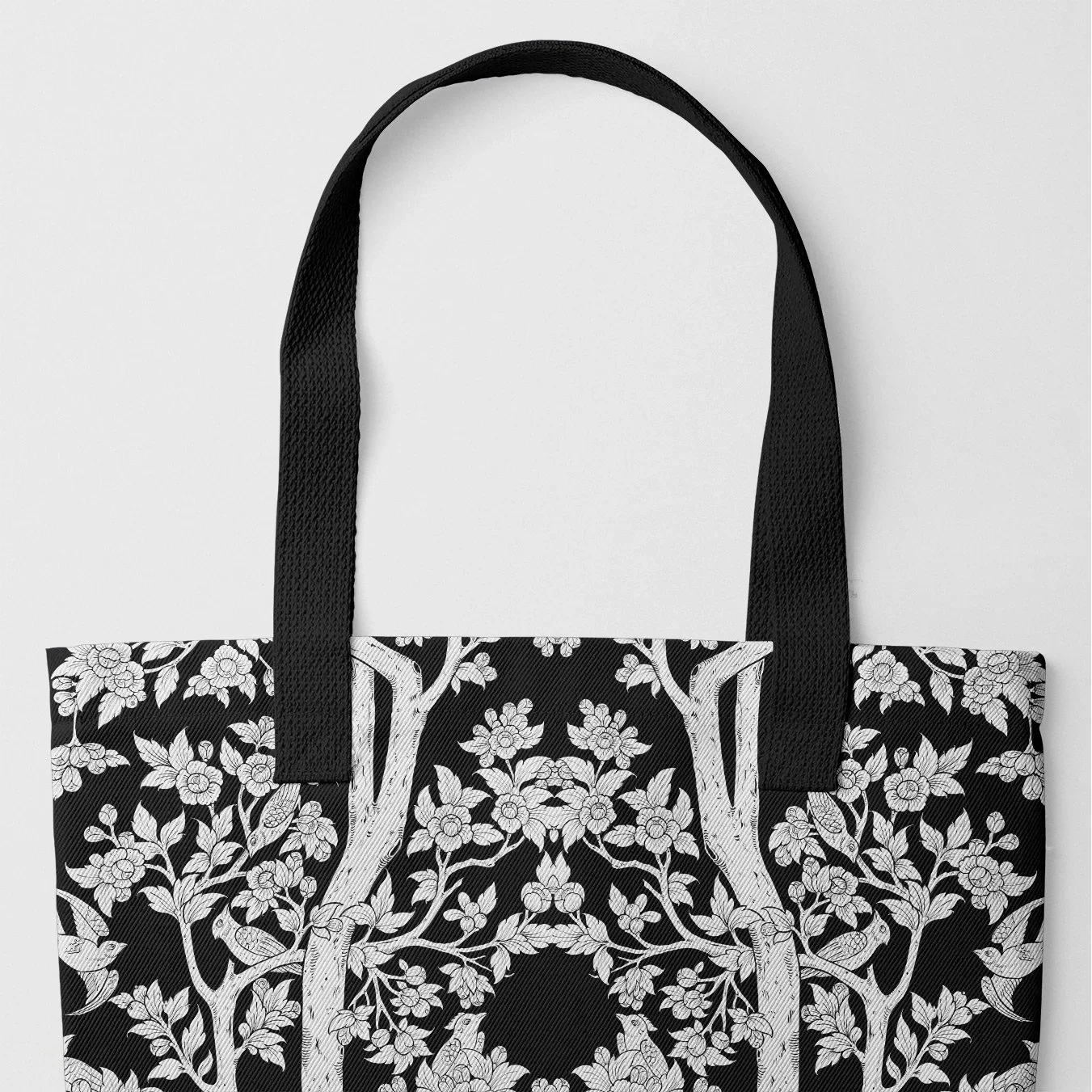 Aviary Tote - Raven Black Bird Pattern Shopping, Handles, 6453162, Tote Bag Black White Floral Pattern Handles