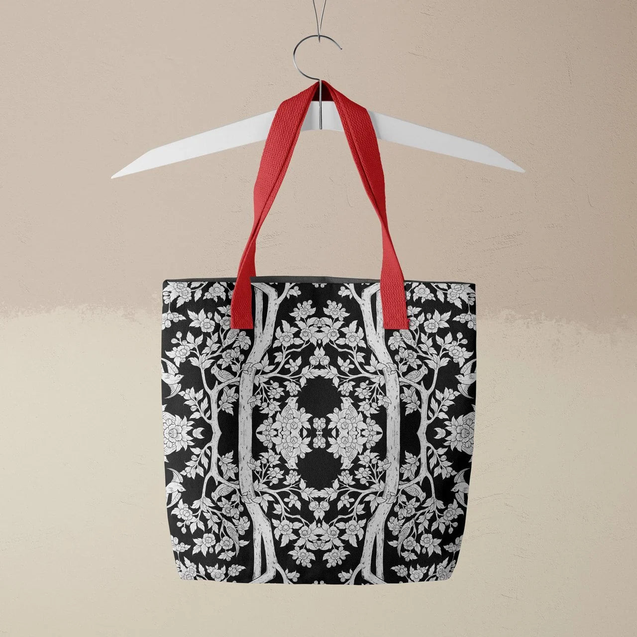 Aviary Tote - Raven Black Bird Pattern Shopping Red Handles Bags