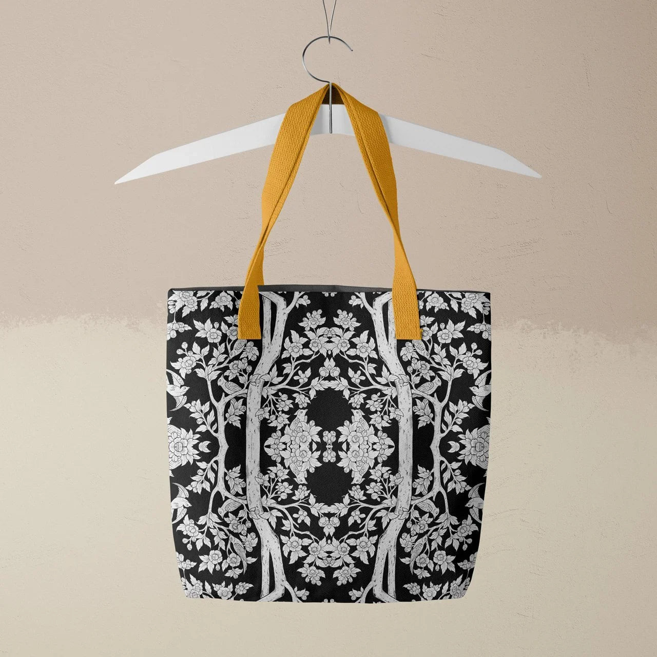 Aviary Tote - Raven Black Bird Pattern Shopping Yellow Handles Bags