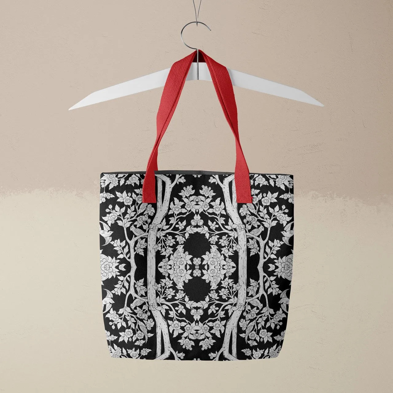 Aviary Tote - Raven - Heavy Duty Reusable Grocery Bag - Red Handles - Shopping Totes - Aesthetic Art