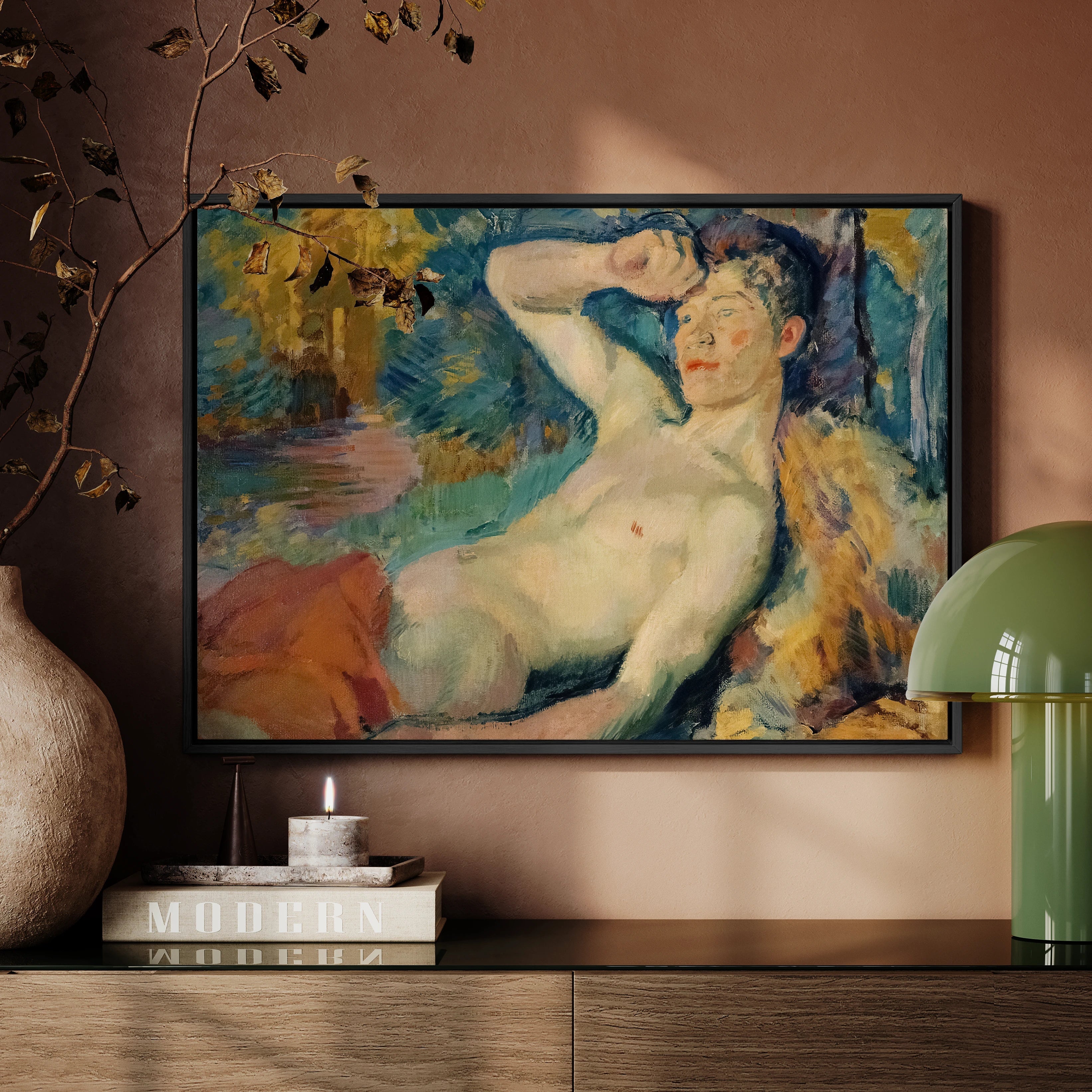 Awakening Faun - Magnus Enckell Framed Canvas, Framed Impressionist Painting Figure Colorful Background