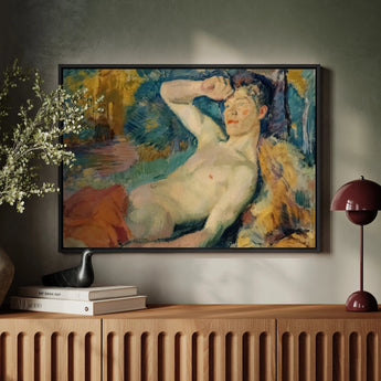 Awakening Faun - Magnus Enckell Framed Canvas, Framed Painting Figure Expressive Colorful Style