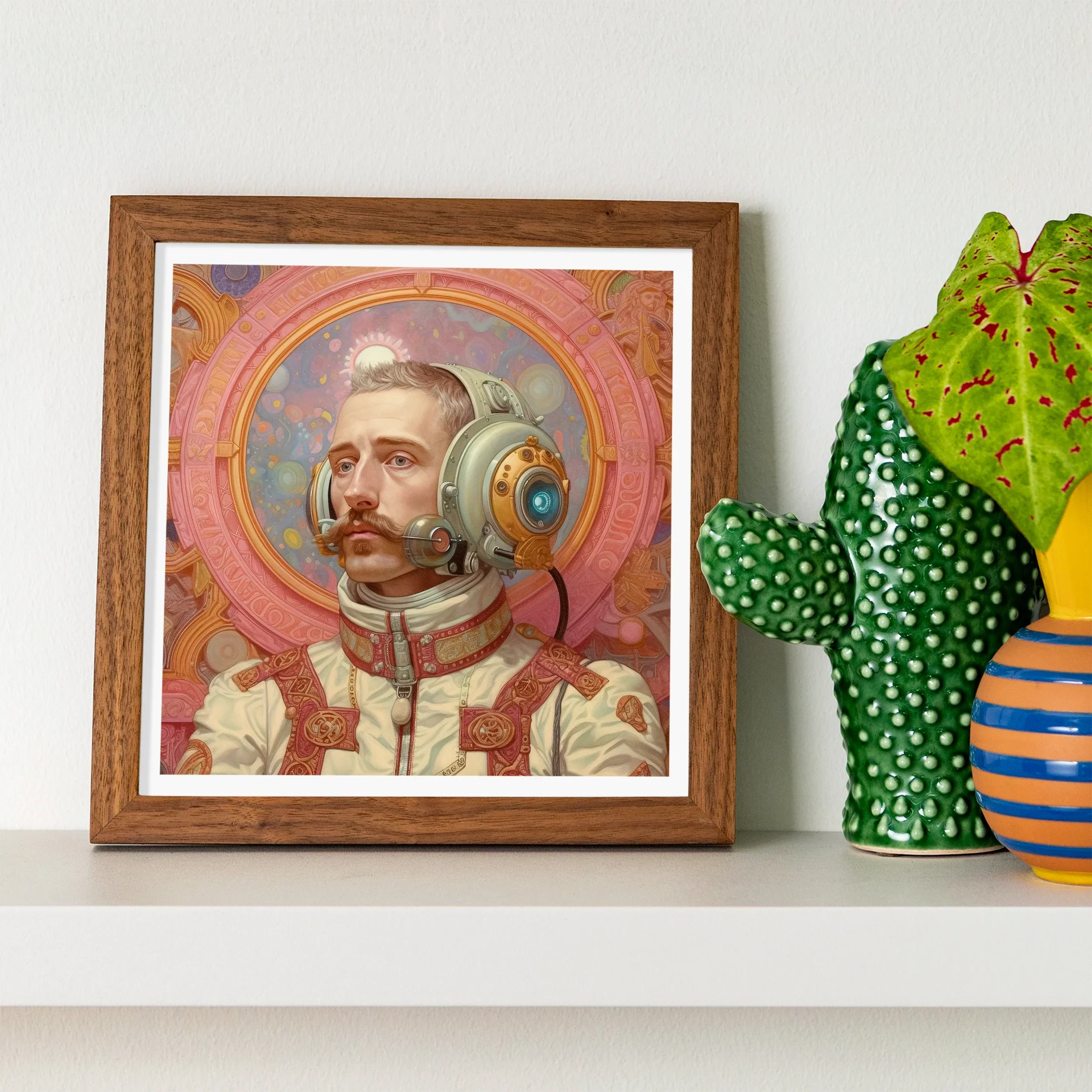 Axel Gay German Astronaut Art Print, Framed Portrait Mustachioed Man Spacesuit Helmet Ornate Clothing