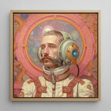 Axel - Gay German Astronaut Framed Canvas, 12x12’’ / 31x31cm / Natural Floating Frame, Steampunk-style Portrait Mustachioed Man Uniform