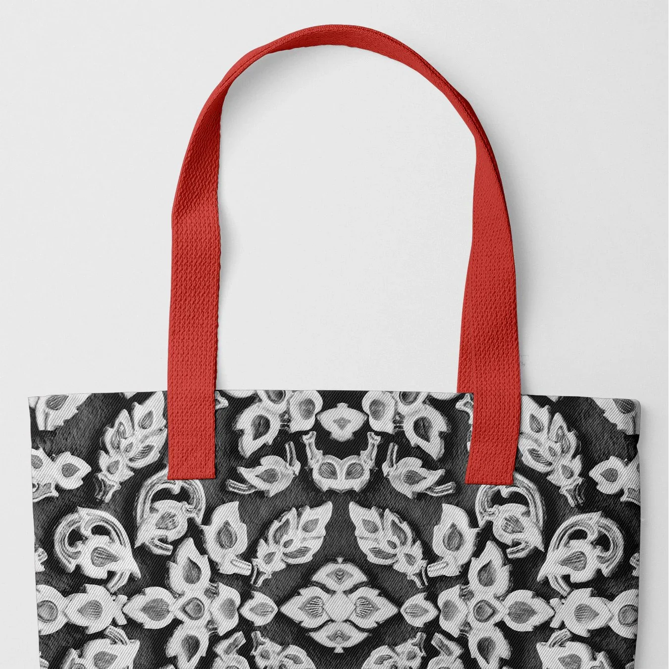 Ayodhya - Black & White Thai Mosaic Shopping Tote Bag, Red Handles, Enteandw-red, Tote Bag Black White Floral Pattern