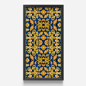 Vibrant Vertically Oriented Framed Artwork Intricate Symmetrical Pattern Mesmerizing Thai Mosaic, Traditional Design, Kitschy Grandeur