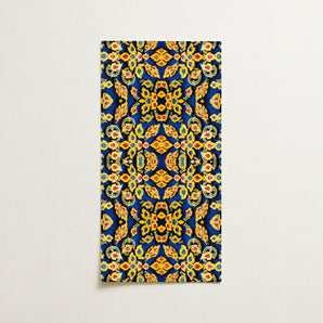 Vibrant Blue Rectangular Wall Intricate Symmetrical Pattern Golden Mesmerizing Thai Mosaic, Traditional Design, Kitschy Grandeur