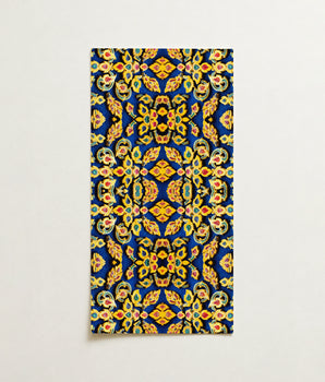 Vibrant Blue Rectangular Wall Intricate Symmetrical Pattern Golden Mesmerizing Thai Mosaic, Traditional Design, Kitschy Grandeur